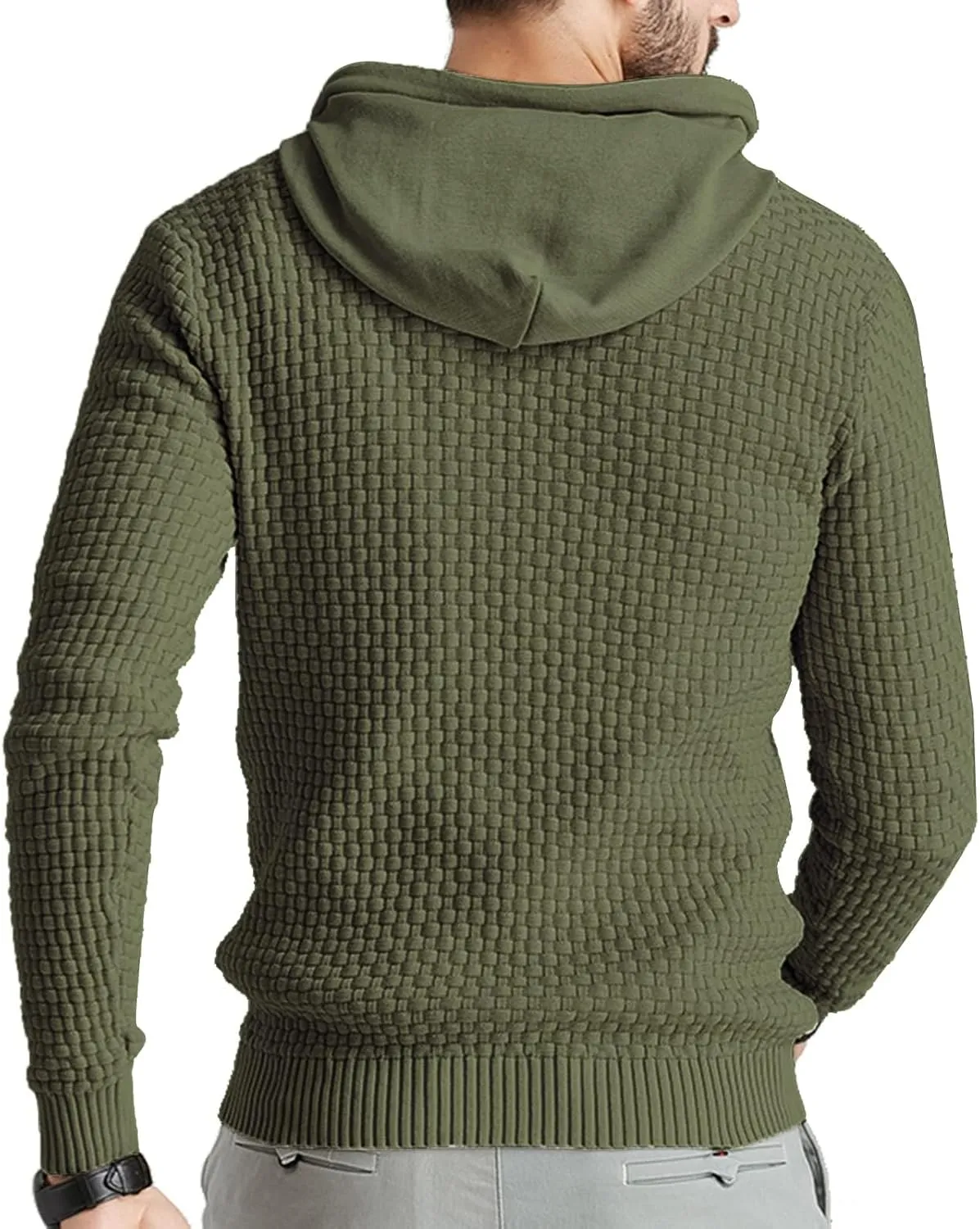 Zaitun Mens Hooded Sweatshirt Long Sleeve Solid Knitted Hoodie Pullover Sweater