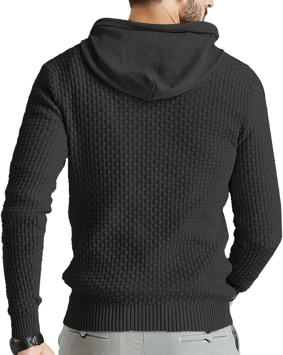 Zaitun Mens Hooded Sweatshirt Long Sleeve Solid Knitted Hoodie Pullover Sweater