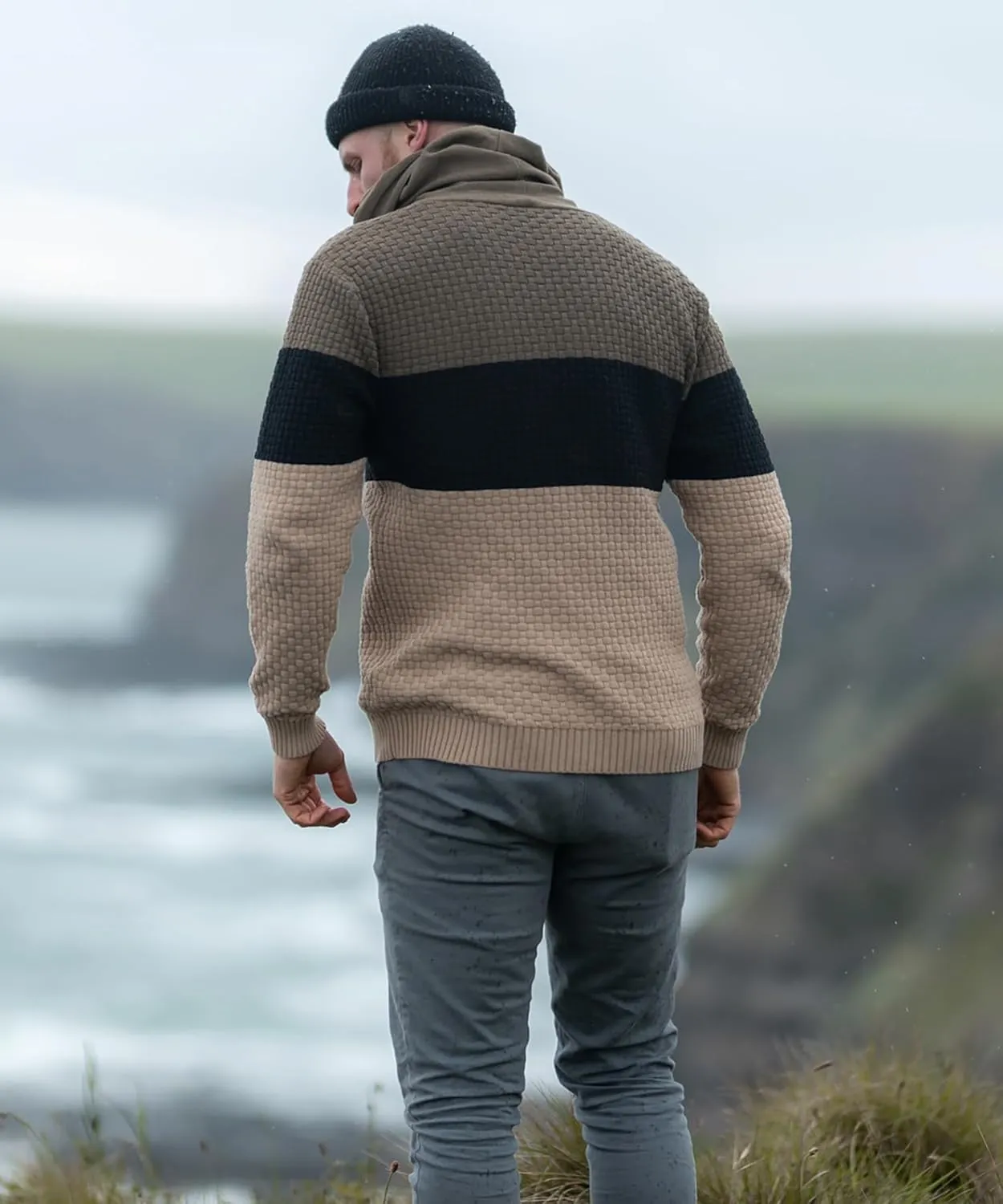 Zaitun Mens Hooded Sweatshirt Long Sleeve Solid Knitted Hoodie Pullover Sweater
