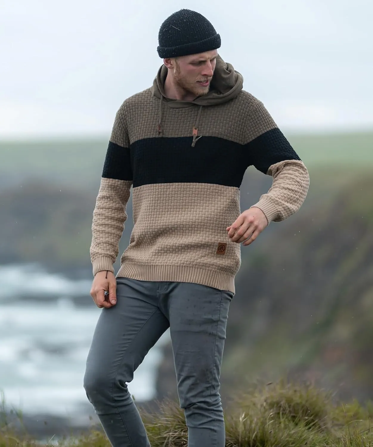 Zaitun Mens Hooded Sweatshirt Long Sleeve Solid Knitted Hoodie Pullover Sweater
