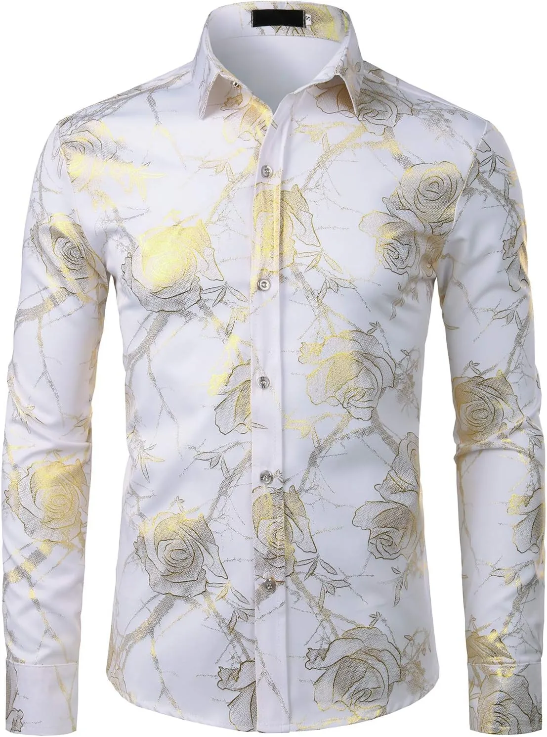 ZEROYAA Mens Hipster 3D Golden Rose Floral Printed Slim Fit Long Sleeve Button Down Dress Shirts