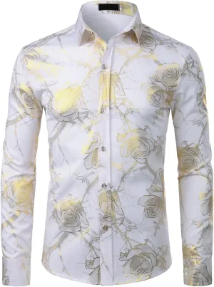 ZEROYAA Mens Hipster 3D Golden Rose Floral Printed Slim Fit Long Sleeve Button Down Dress Shirts