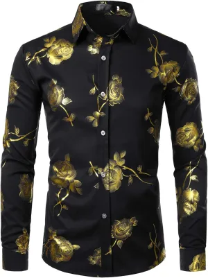 ZEROYAA Mens Hipster 3D Golden Rose Floral Printed Slim Fit Long Sleeve Button Down Dress Shirts