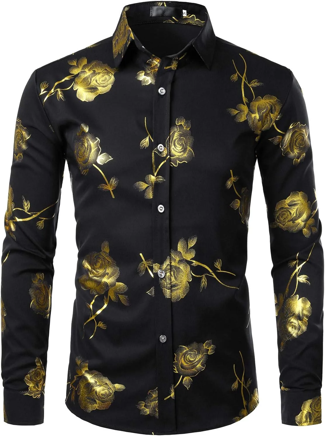 ZEROYAA Mens Hipster 3D Golden Rose Floral Printed Slim Fit Long Sleeve Button Down Dress Shirts