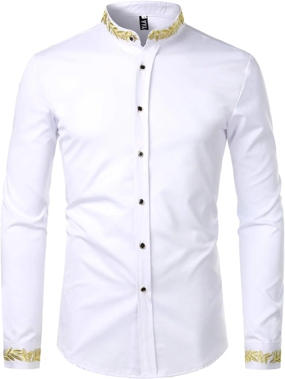 ZEROYAA Men's Luxury Gold Embroidery Design Slim Fit Long Sleeve Button Up Dress Shirts