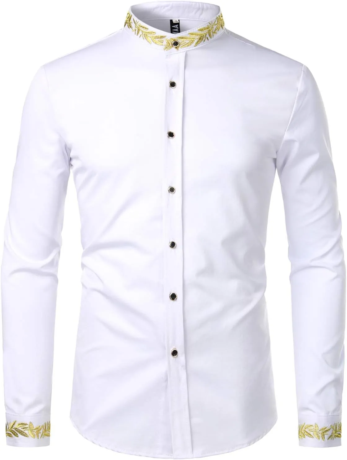 ZEROYAA Men's Luxury Gold Embroidery Design Slim Fit Long Sleeve Button Up Dress Shirts