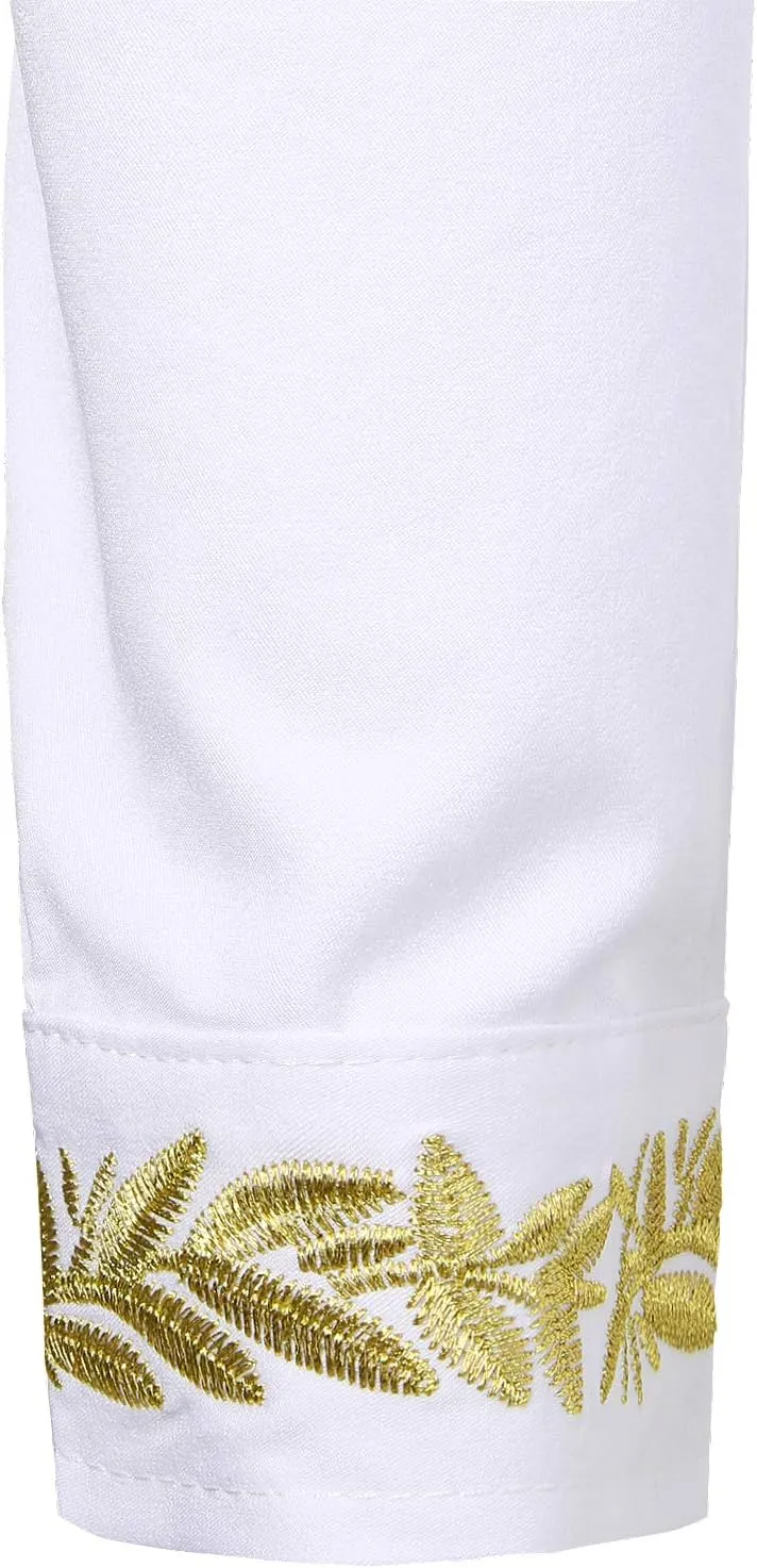 ZEROYAA Men's Luxury Gold Embroidery Design Slim Fit Long Sleeve Button Up Dress Shirts