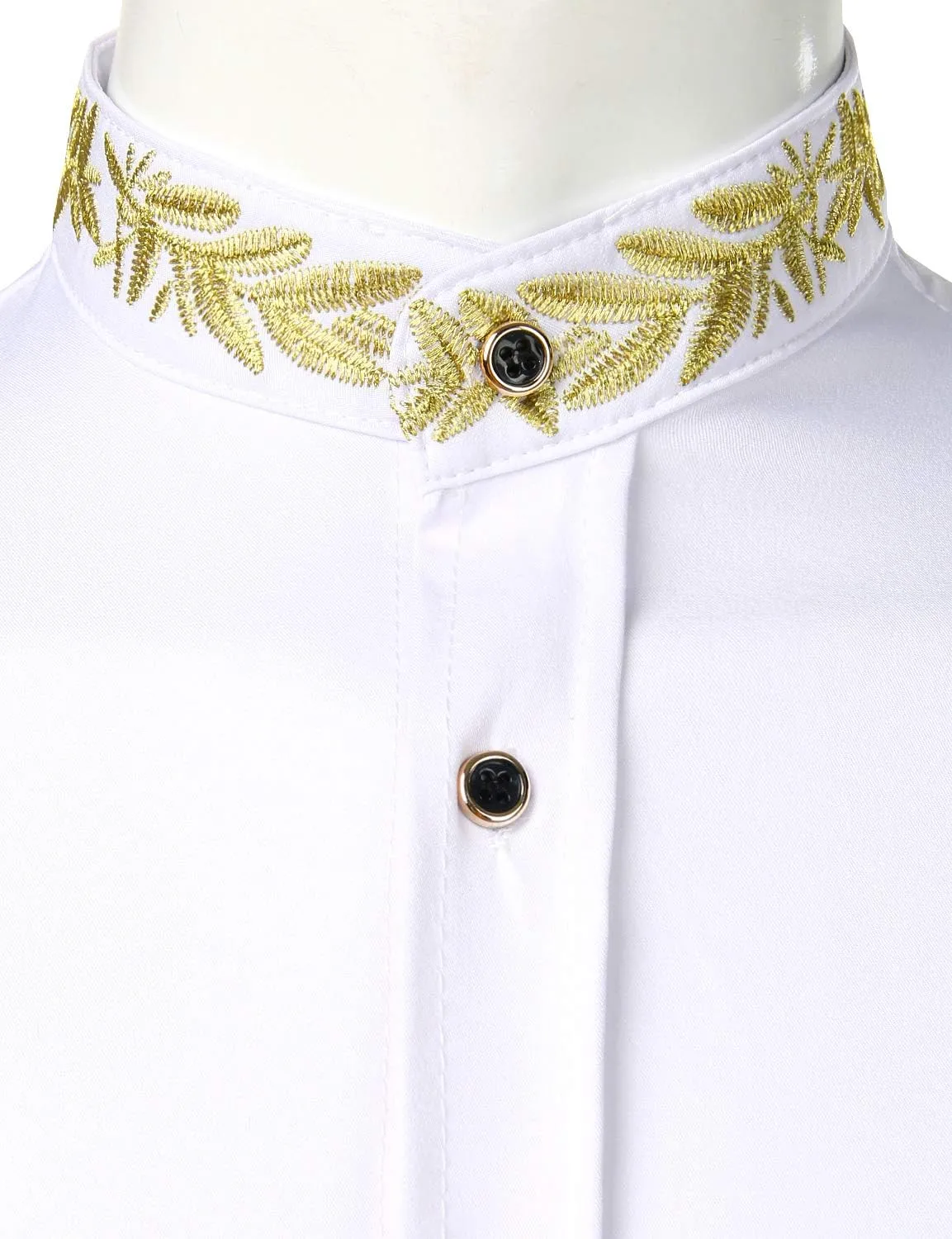 ZEROYAA Men's Luxury Gold Embroidery Design Slim Fit Long Sleeve Button Up Dress Shirts