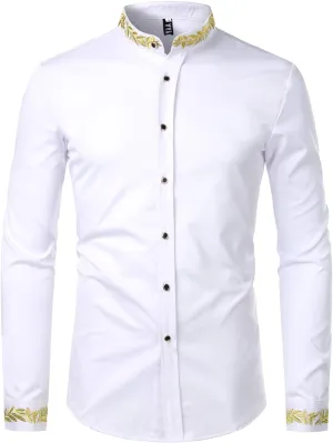 ZEROYAA Men's Luxury Gold Embroidery Design Slim Fit Long Sleeve Button Up Dress Shirts
