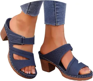 ZSpzx Women's Heeled Sandals Open Toe Slip On Block Womens Chunky Mid Heels Ankle Strap Sandal Slippers Casual Comfortable Summer Backless Mules Adjustable Slide Walking Shoes