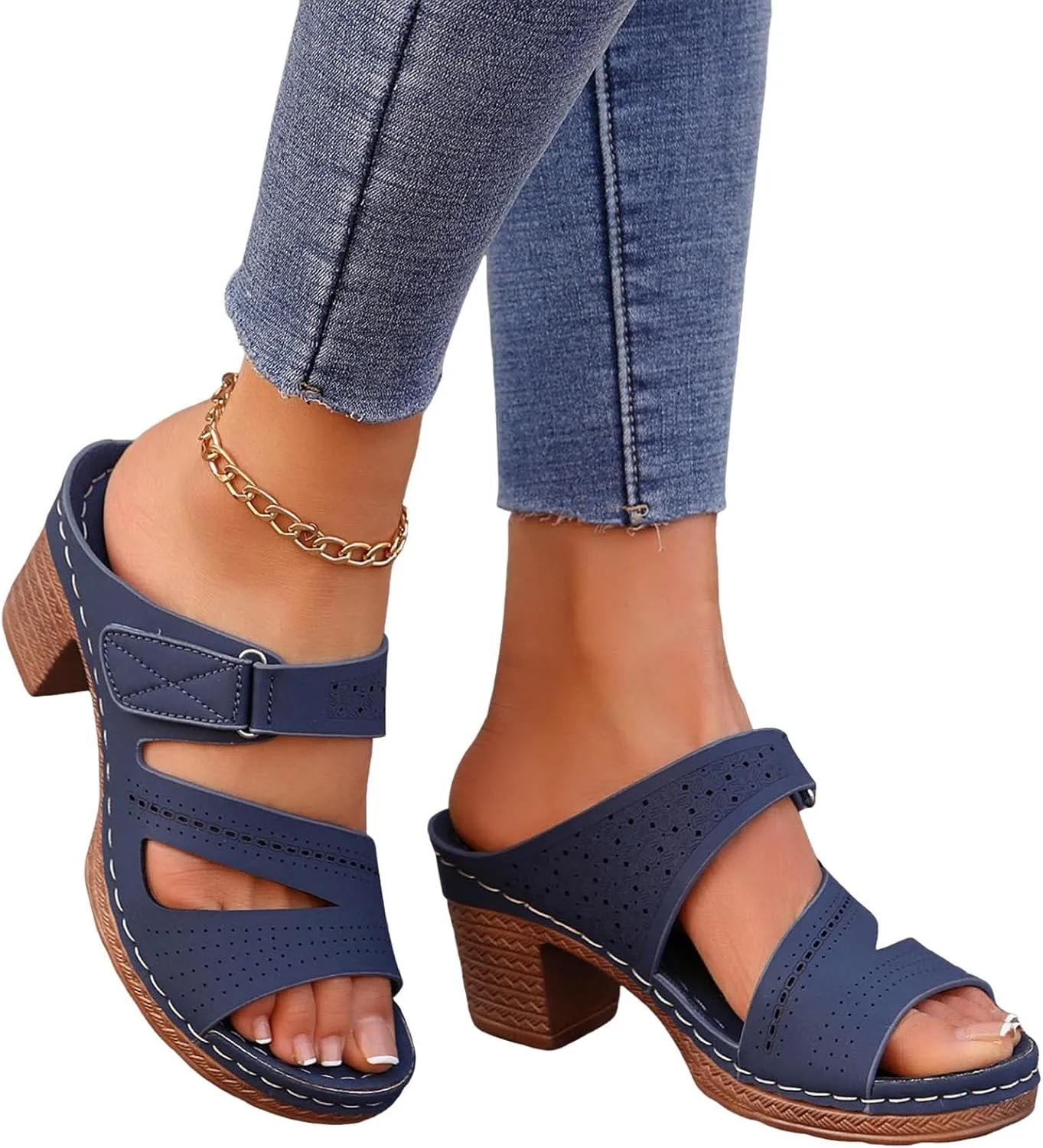 ZSpzx Women's Heeled Sandals Open Toe Slip On Block Womens Chunky Mid Heels Ankle Strap Sandal Slippers Casual Comfortable Summer Backless Mules Adjustable Slide Walking Shoes