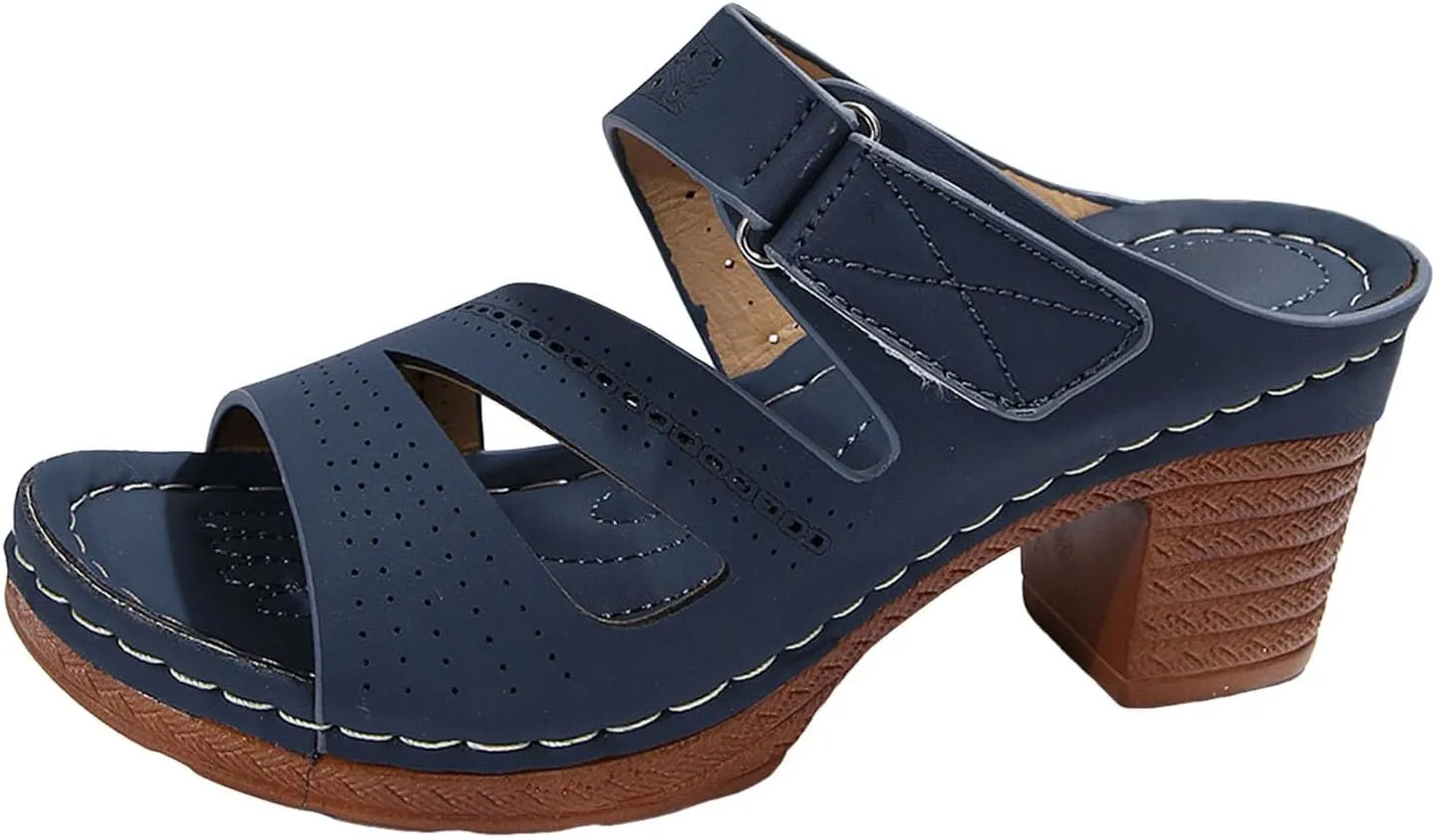 ZSpzx Women's Heeled Sandals Open Toe Slip On Block Womens Chunky Mid Heels Ankle Strap Sandal Slippers Casual Comfortable Summer Backless Mules Adjustable Slide Walking Shoes