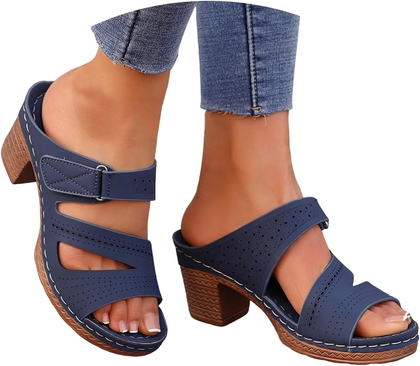 ZSpzx Women's Heeled Sandals Open Toe Slip On Block Womens Chunky Mid Heels Ankle Strap Sandal Slippers Casual Comfortable Summer Backless Mules Adjustable Slide Walking Shoes