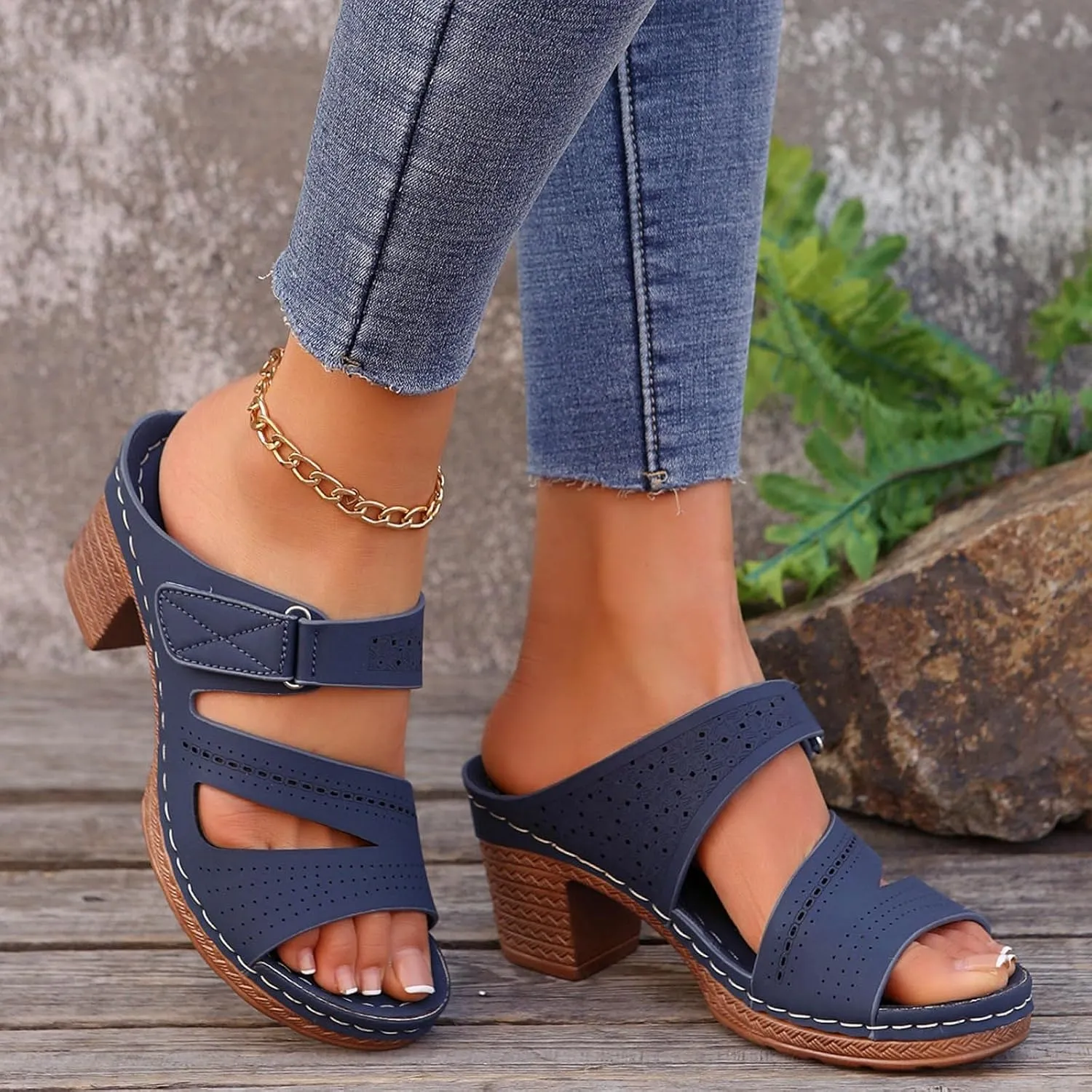 ZSpzx Women's Heeled Sandals Open Toe Slip On Block Womens Chunky Mid Heels Ankle Strap Sandal Slippers Casual Comfortable Summer Backless Mules Adjustable Slide Walking Shoes