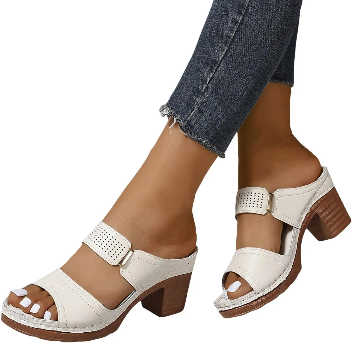 ZSpzx Women's Heeled Sandals Two Strap Open Toe Mid Ankle Sandal Comfortable Casual Slippers Low Block Chunky Heels Slip On Womens Summer Backless Mules Slide Walking Shoes for Daily Wear