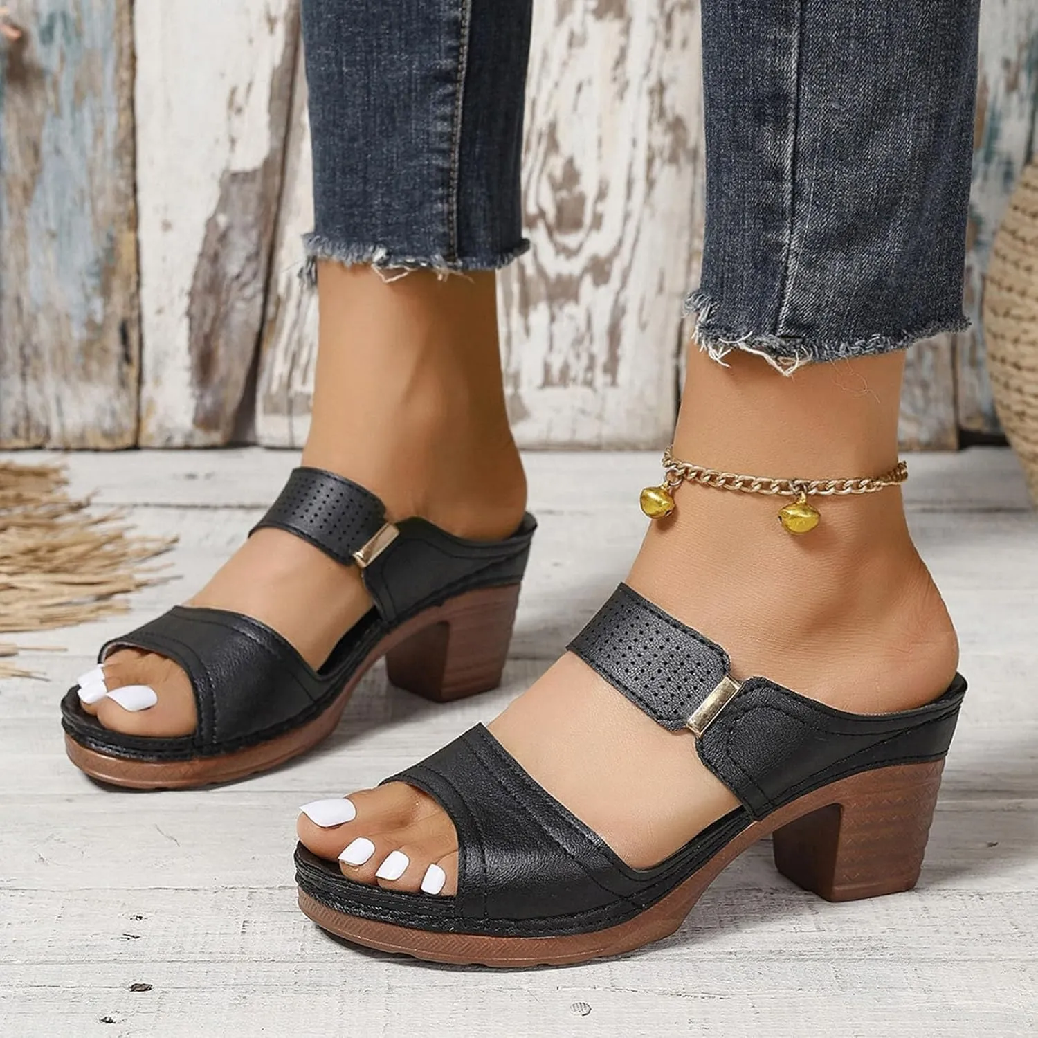 ZSpzx Women's Heeled Sandals Two Strap Open Toe Mid Ankle Sandal Comfortable Casual Slippers Low Block Chunky Heels Slip On Womens Summer Backless Mules Slide Walking Shoes for Daily Wear