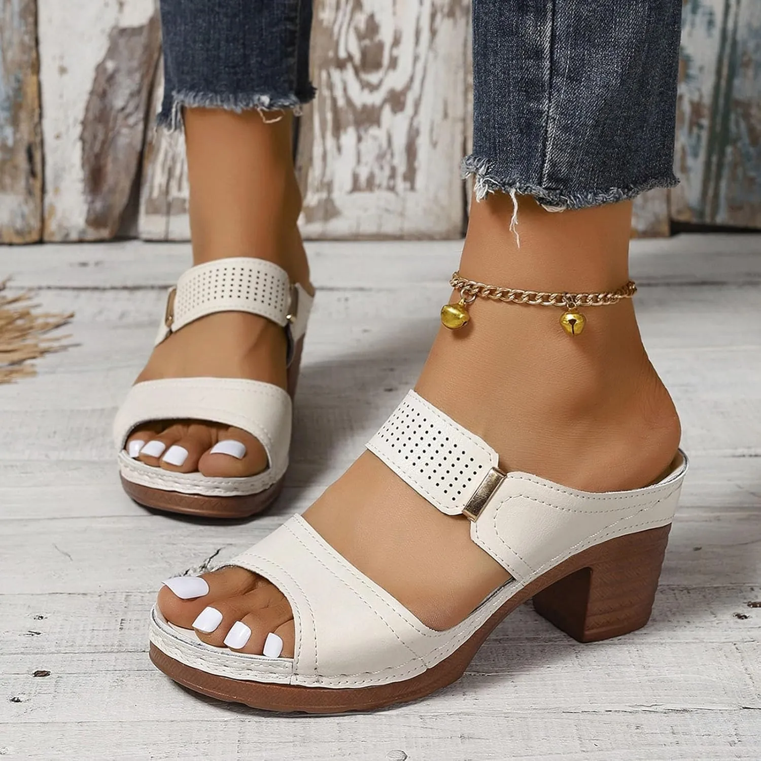 ZSpzx Women's Heeled Sandals Two Strap Open Toe Mid Ankle Sandal Comfortable Casual Slippers Low Block Chunky Heels Slip On Womens Summer Backless Mules Slide Walking Shoes for Daily Wear