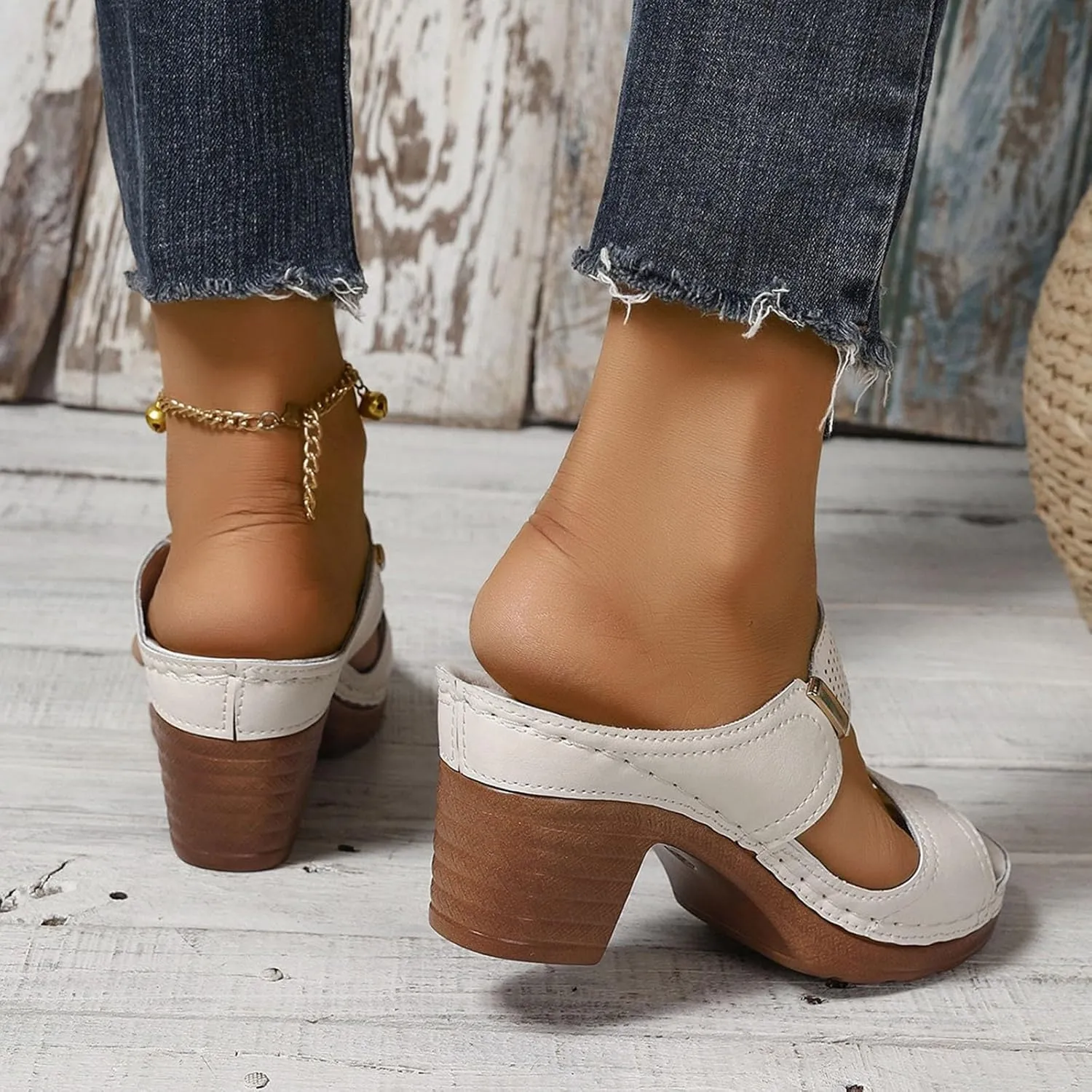 ZSpzx Women's Heeled Sandals Two Strap Open Toe Mid Ankle Sandal Comfortable Casual Slippers Low Block Chunky Heels Slip On Womens Summer Backless Mules Slide Walking Shoes for Daily Wear
