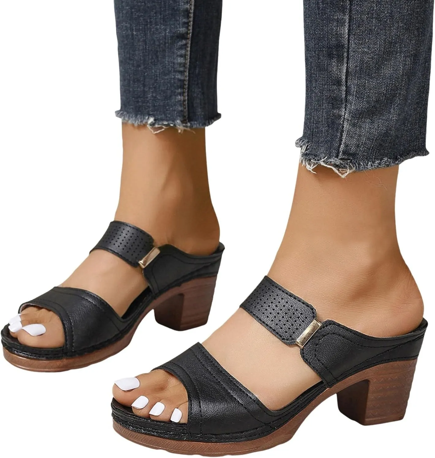 ZSpzx Women's Heeled Sandals Two Strap Open Toe Mid Ankle Sandal Comfortable Casual Slippers Low Block Chunky Heels Slip On Womens Summer Backless Mules Slide Walking Shoes for Daily Wear